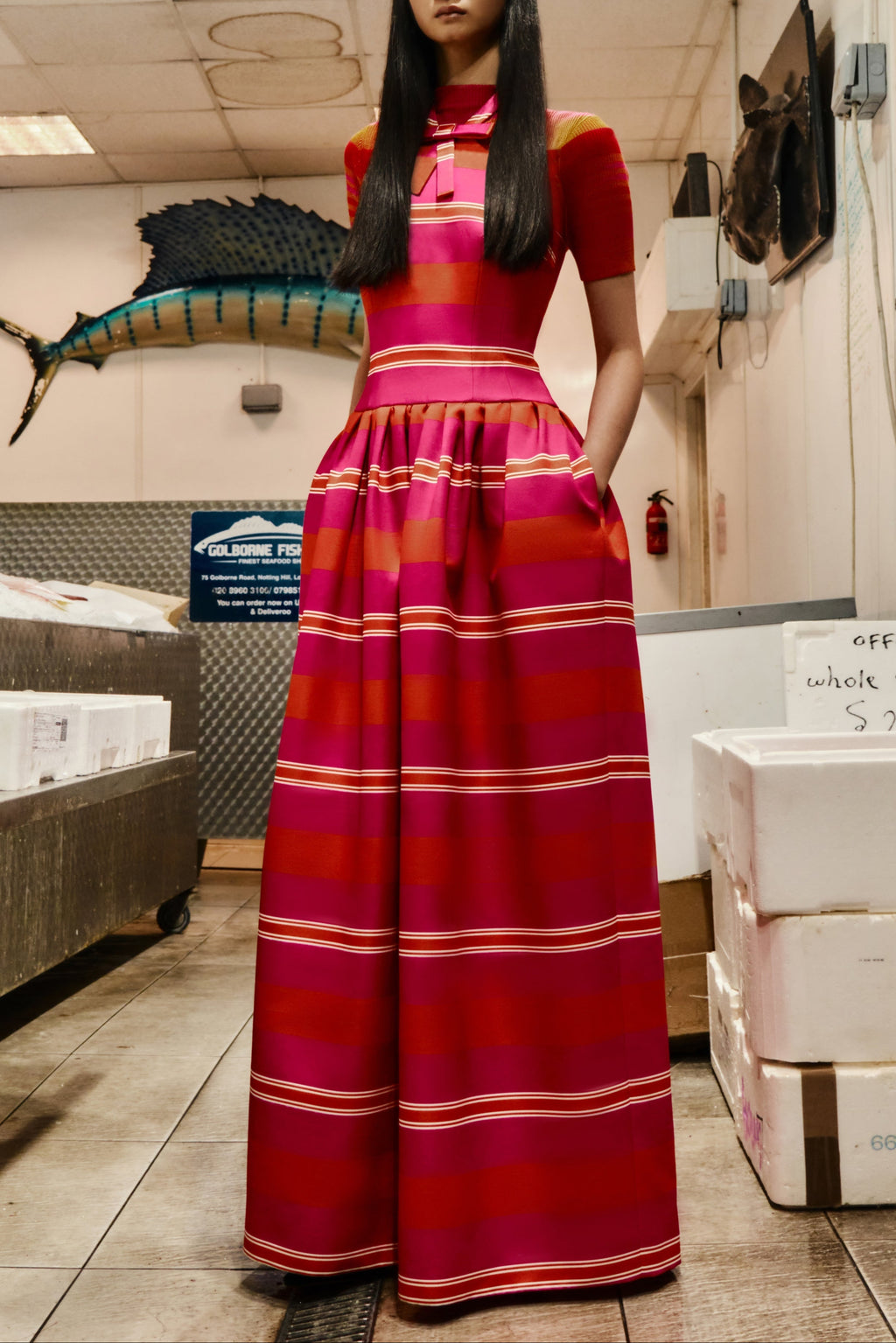 Sweeny Dress in Hot Pink & Orange Striped Taffeta Faille