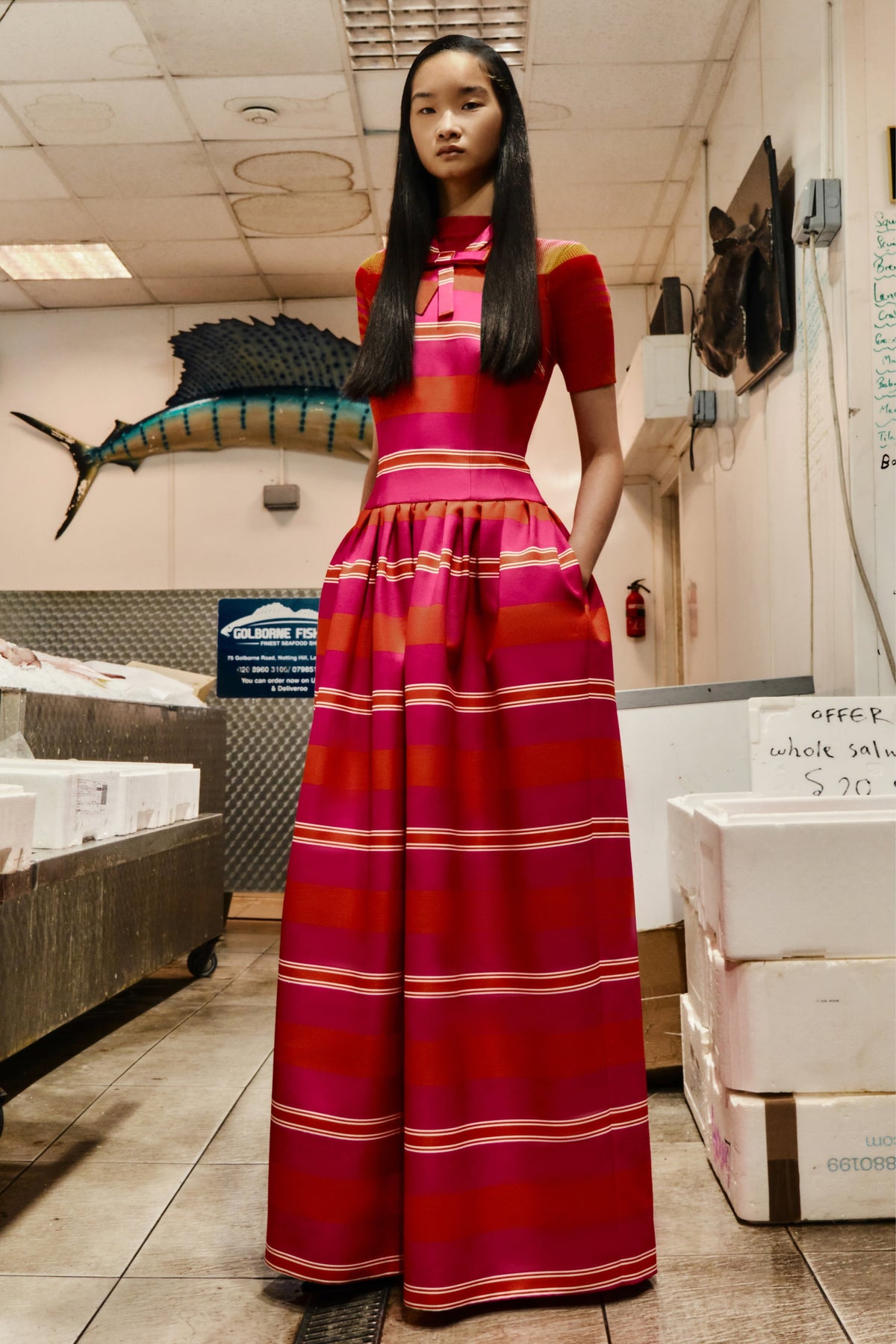 Sweeny Dress in Hot Pink & Orange Striped Taffeta Faille