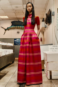Sweeny Dress in Hot Pink & Orange Striped Taffeta Faille