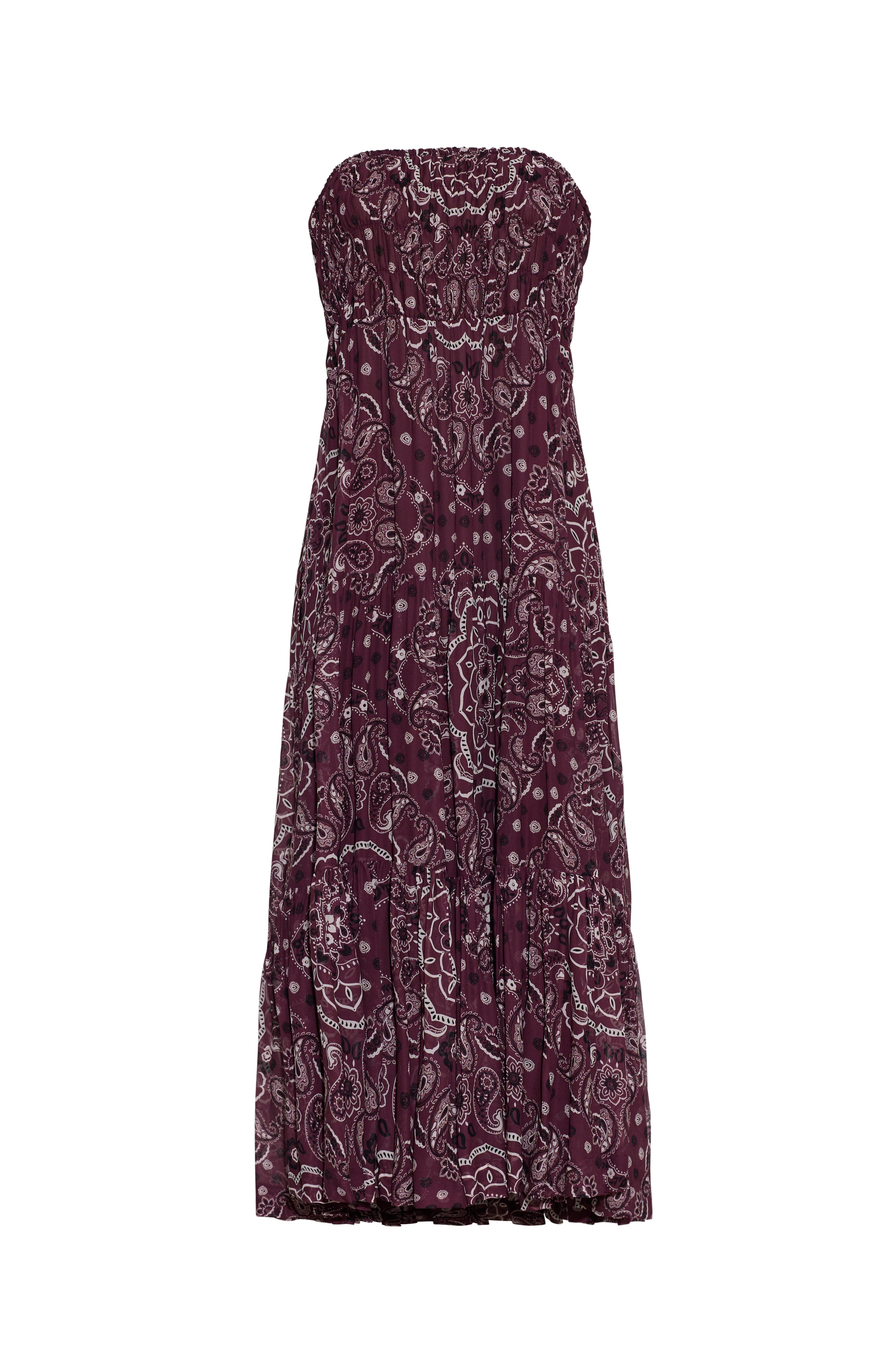 Front view of the Emilina Skirt in Bandana Plum showing its smocked yoke, paisley print, and three tiered maxi silhouette