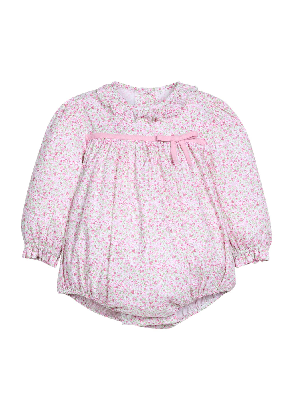 Little English traditional children's clothing.  Long sleeve bubble in pink and green floral with ruffle collar and fixed pink bow across the chest for baby girls