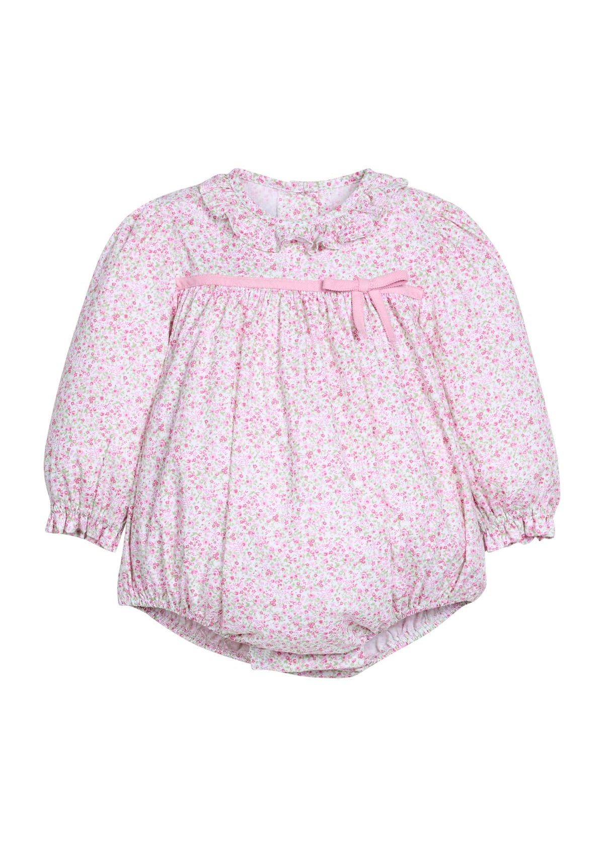 Little English traditional children's clothing.  Long sleeve bubble in pink and green floral with ruffle collar and fixed pink bow across the chest for baby girls