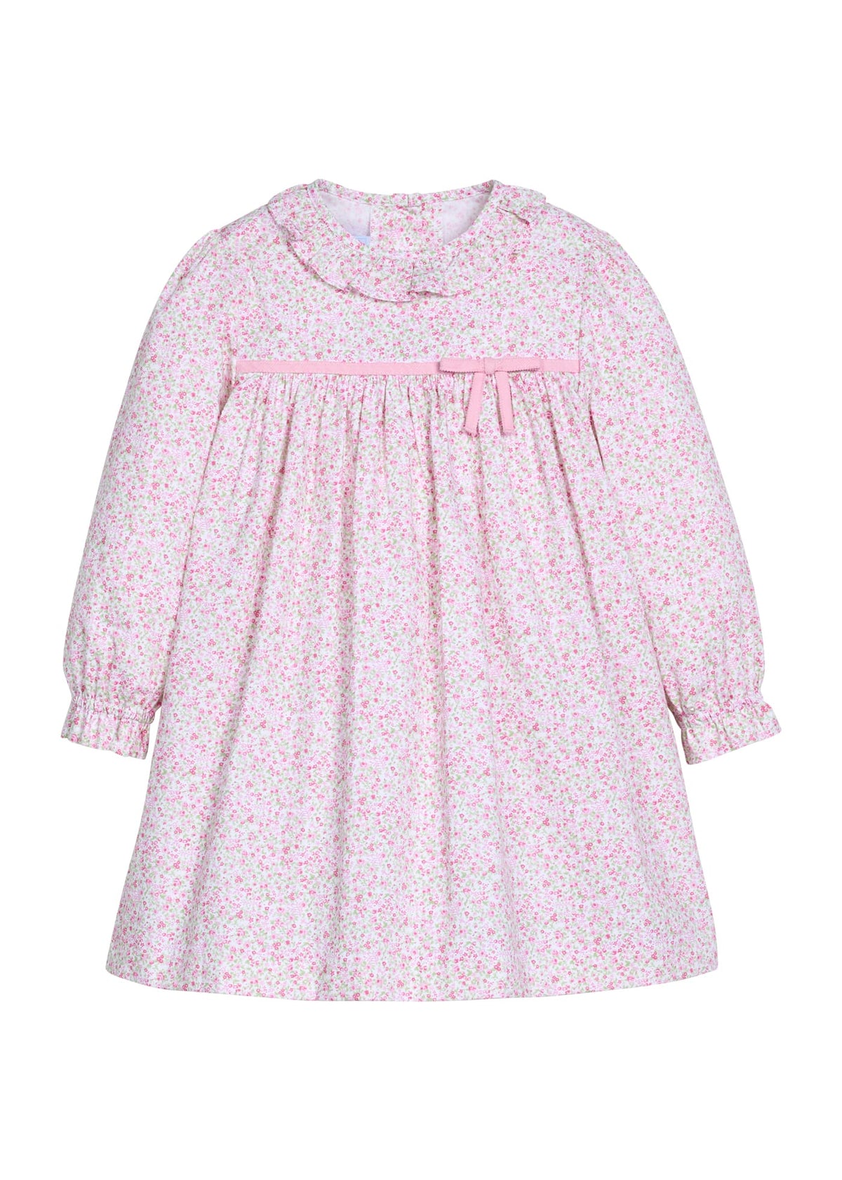 Little English traditional children's clothing.  Long sleeve dress in pink and green floral with ruffle collar and fixed pink bow across the chest for little girls