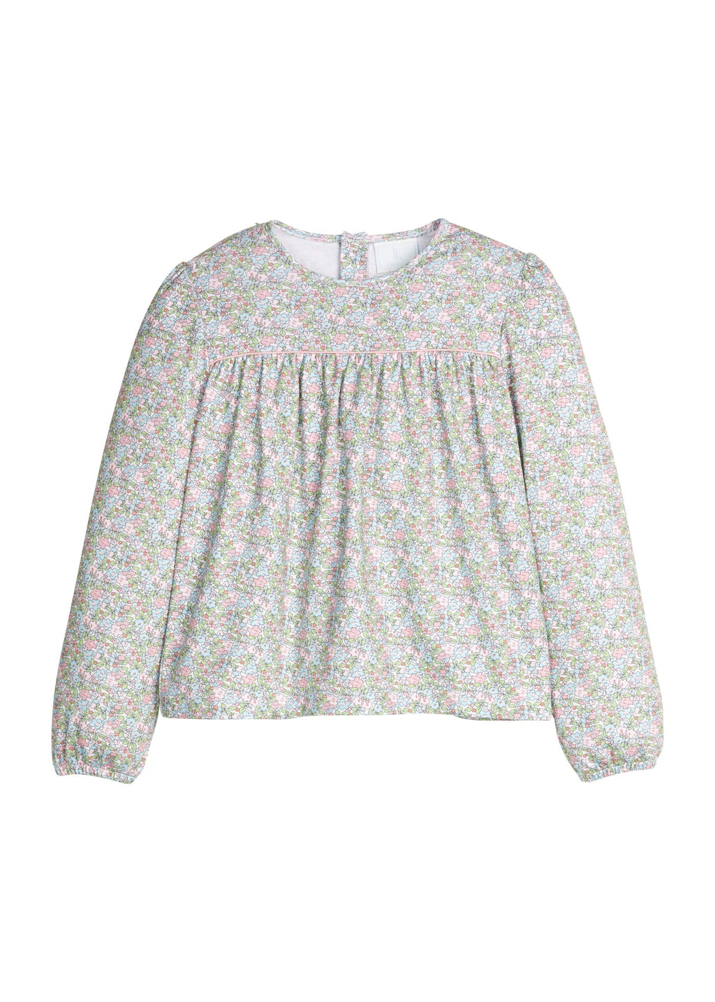 Little English traditional children's clothing. Long sleeve pink, aqua, and green Fondren Floral cotton knit top with pink piping detail for little girls. Paired with classic light pink leggings.