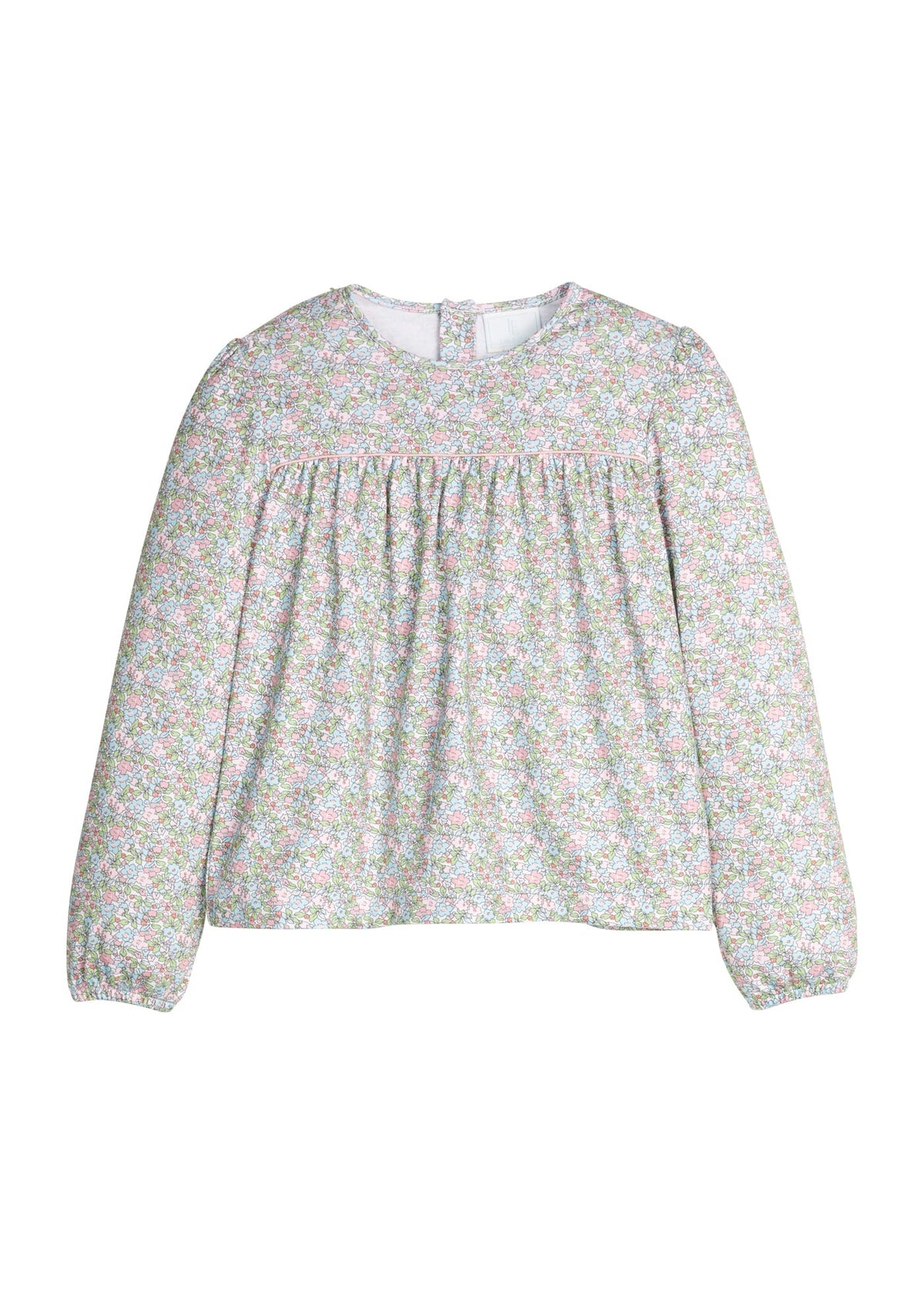 Little English traditional children's clothing. Long sleeve pink, aqua, and green Fondren Floral cotton knit top with pink piping detail for little girls. Paired with classic light pink leggings.