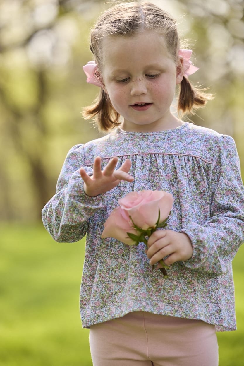 Little English traditional children's clothing. Long sleeve pink, aqua, and green Fondren Floral cotton knit top with pink piping detail for little girls. Paired with classic light pink leggings.