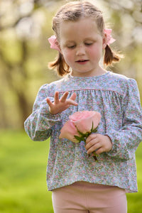 Little English traditional children's clothing. Long sleeve pink, aqua, and green Fondren Floral cotton knit top with pink piping detail for little girls. Paired with classic light pink leggings.