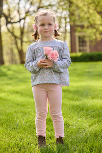 Little English traditional children's clothing. Long sleeve pink, aqua, and green Fondren Floral cotton knit top with pink piping detail for little girls. Paired with classic light pink leggings.