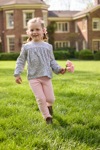 Little English traditional children's clothing. Long sleeve pink, aqua, and green Fondren Floral cotton knit top with pink piping detail for little girls. Paired with classic light pink leggings.