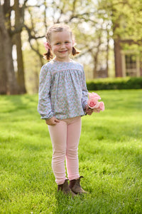 Little English traditional children's clothing. Long sleeve pink, aqua, and green Fondren Floral cotton knit top with pink piping detail for little girls. Paired with classic light pink leggings.