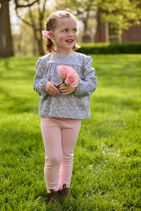 Little English traditional children's clothing. Long sleeve pink, aqua, and green Fondren Floral cotton knit top with pink piping detail for little girls. Paired with classic light pink leggings.