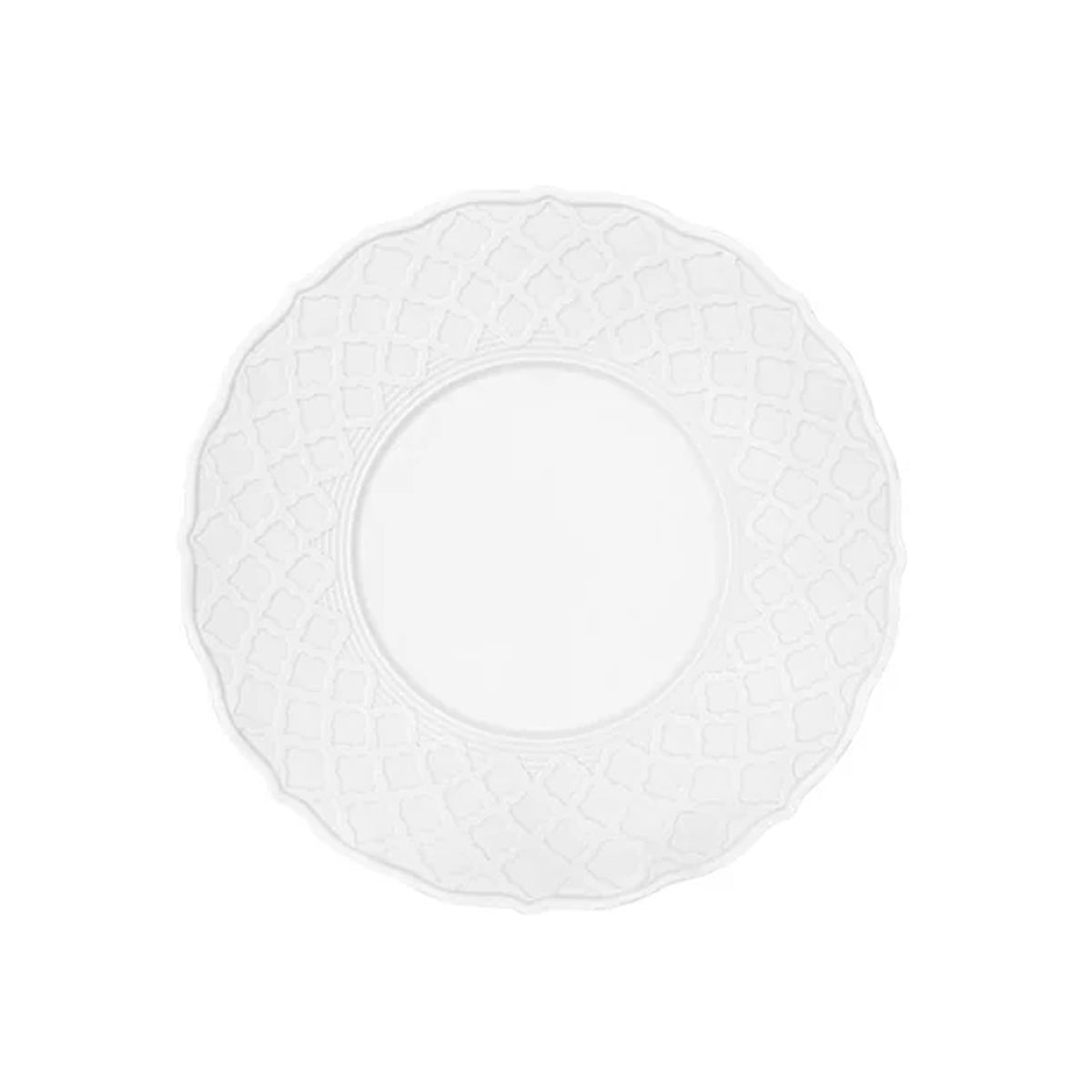Top view of Empire White Tea Saucer showcasing delicately waved rim and porcelain construction on a white background