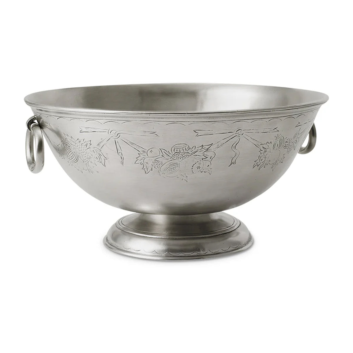 Front view of Engraved, Deep, Footed Bowl showcasing fruit engravings, side handles, and pedestal base on white background