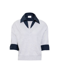 Esme Sweater Top in Light Heather Gray & Maritime Blue