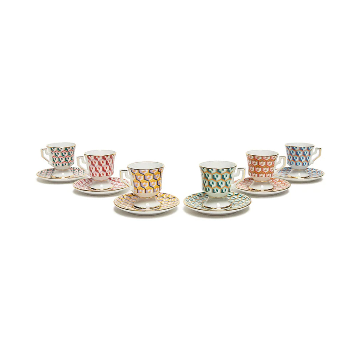 Front view of Espresso Cup in Cubi Mix set of 6 showcasing colorful geometric prints and matching saucers on white background