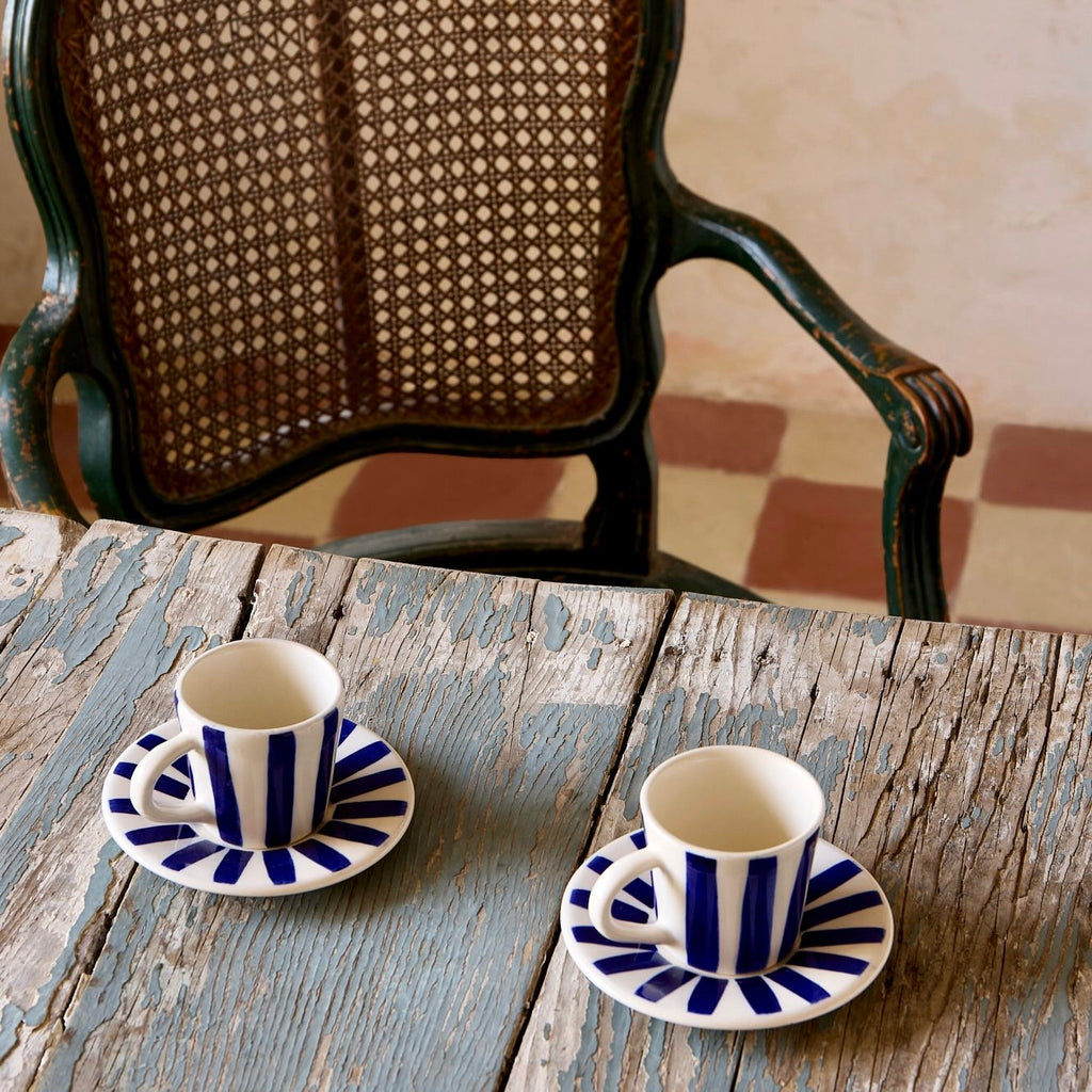 Navy Blue Stripes Espresso Cup & Saucers, Set of 4