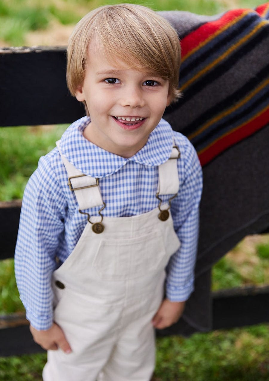 classic childrens clothing boys shirt in gray blue gingham with peter pan collar