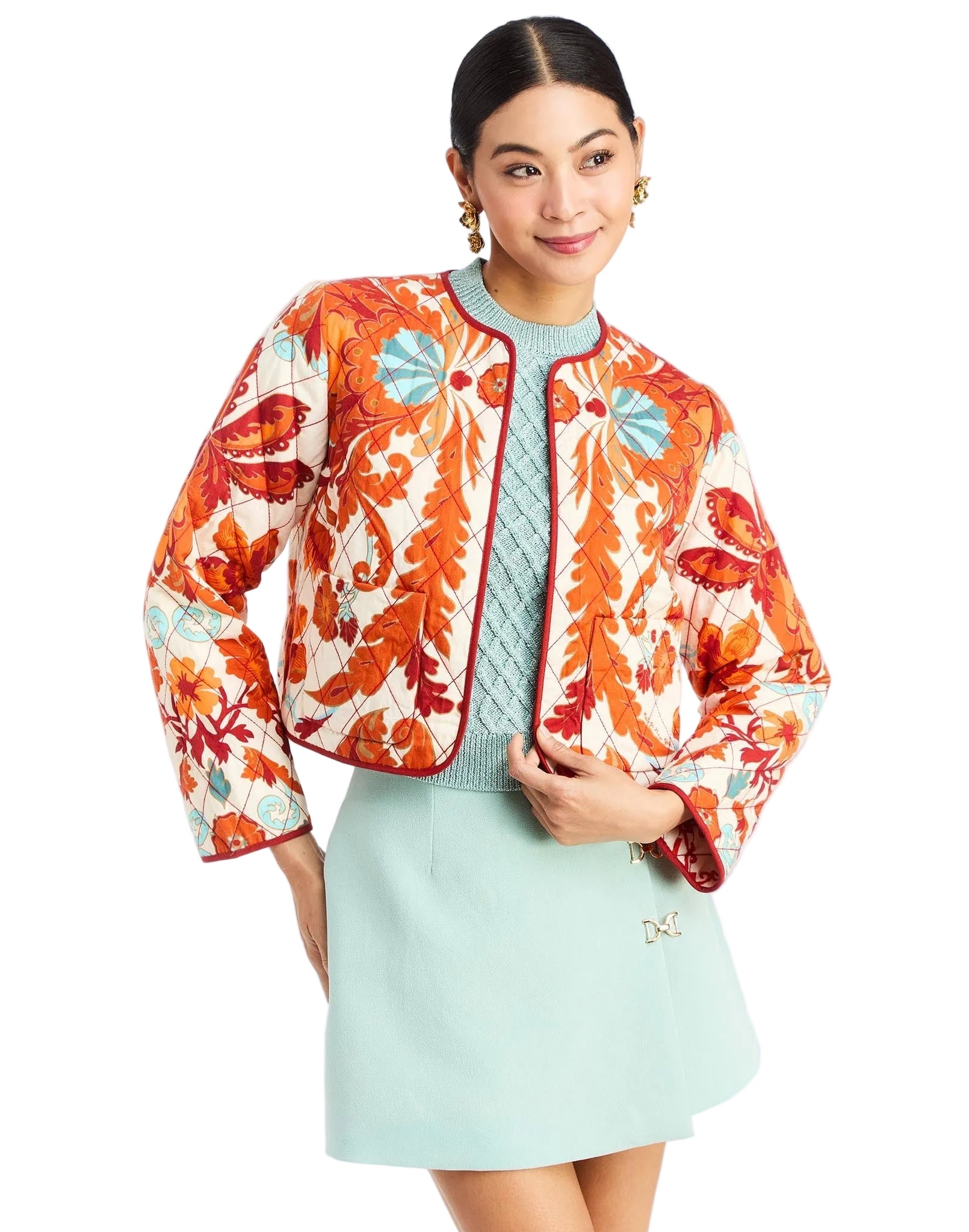 Front - Este Quilted Jacket in Calypso Waltz is a reversible quilted cotton jacket with piping and patch pockets.