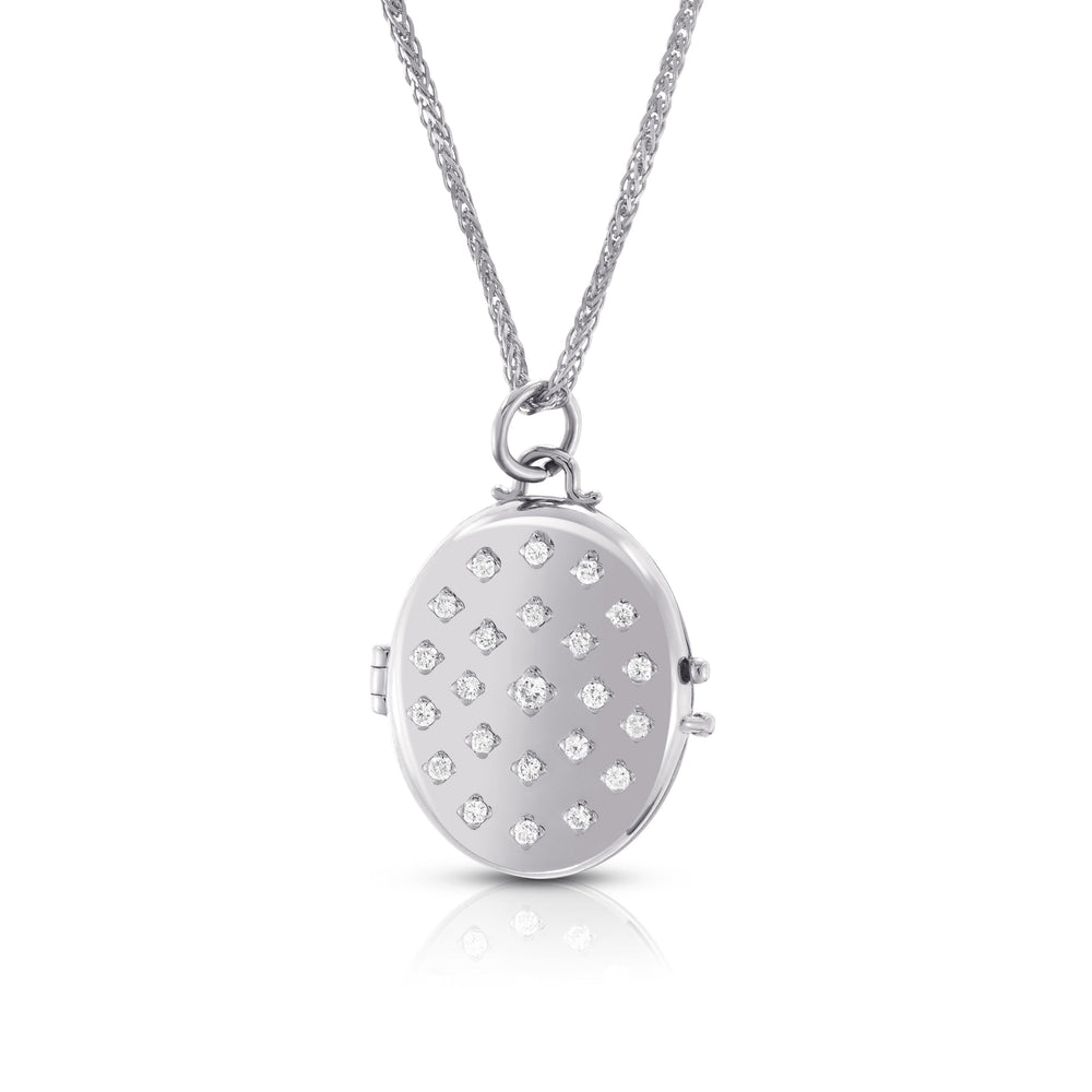 Front view of Etoile Locket necklace in 14k white gold, diamond-encrusted front and diamond-cut chain on white background