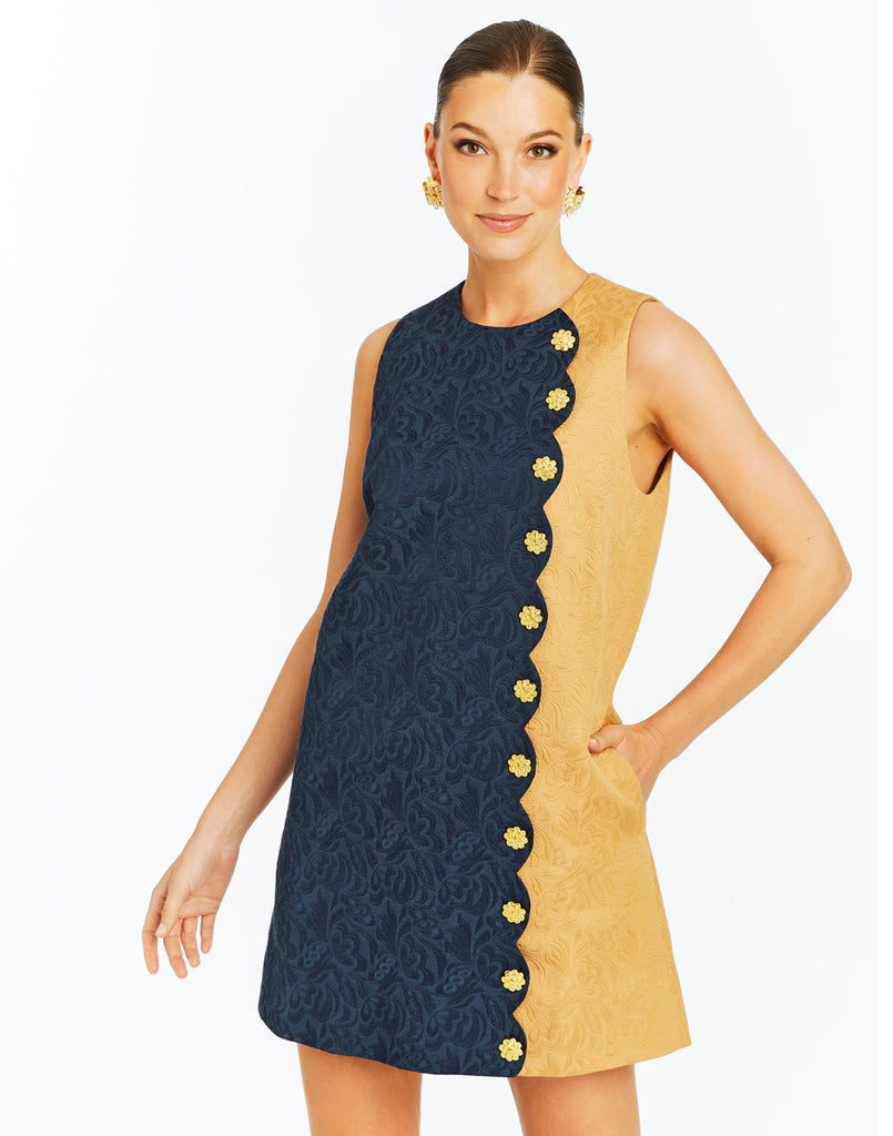 Etta Scallop Mini Dress in Navy/Camel Jacquard