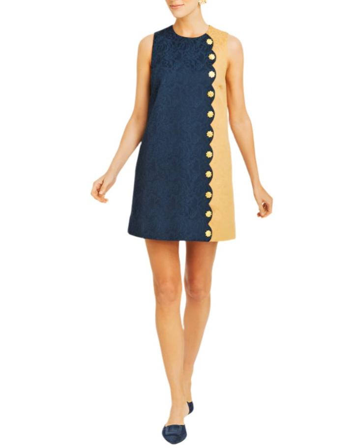 Etta Scallop Mini Dress in Navy/Camel Jacquard