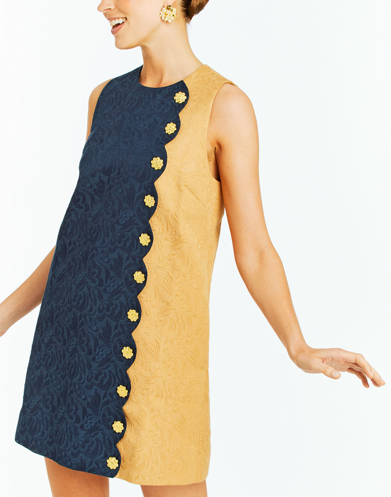 Etta Scallop Mini Dress in Navy/Camel Jacquard