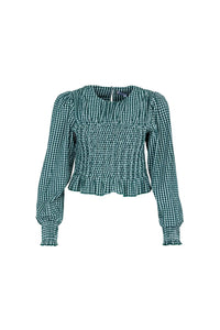 The Eubanks Top has a fitted bodice, puff sleeves, smocked cuffs, shirred yoke, and purl edge trim.