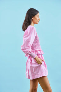 Pink and thin green striped flowy smocked shorts