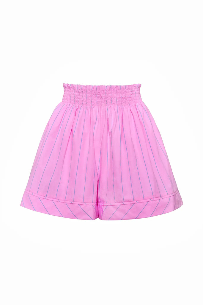 Pink and thin green striped flowy smocked shorts
