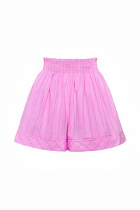 Pink and thin green striped flowy smocked shorts