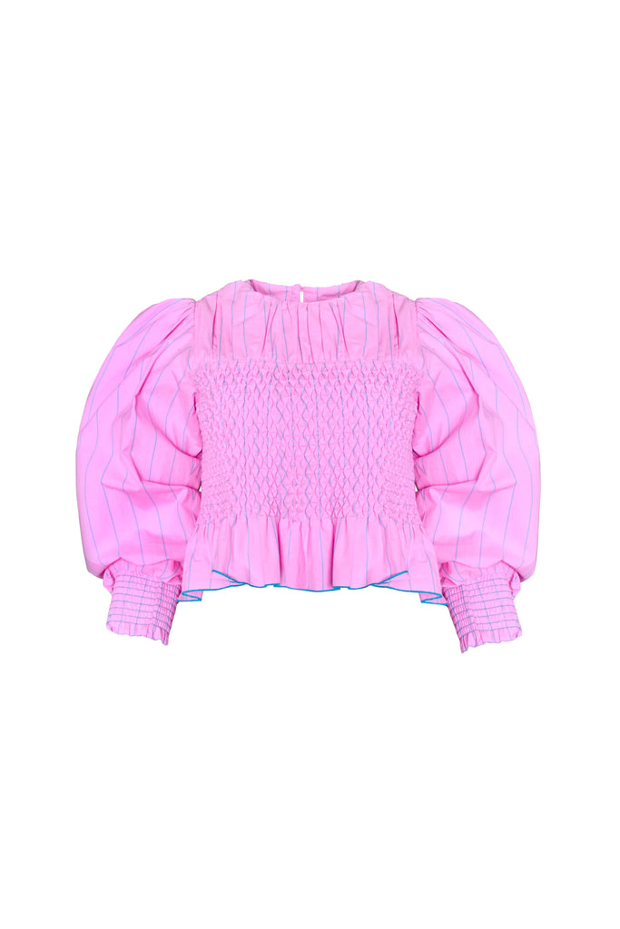 The Eubanks Top in Watermelon Stripe has a fitted bodice, puff sleeves, and smocked cuffs