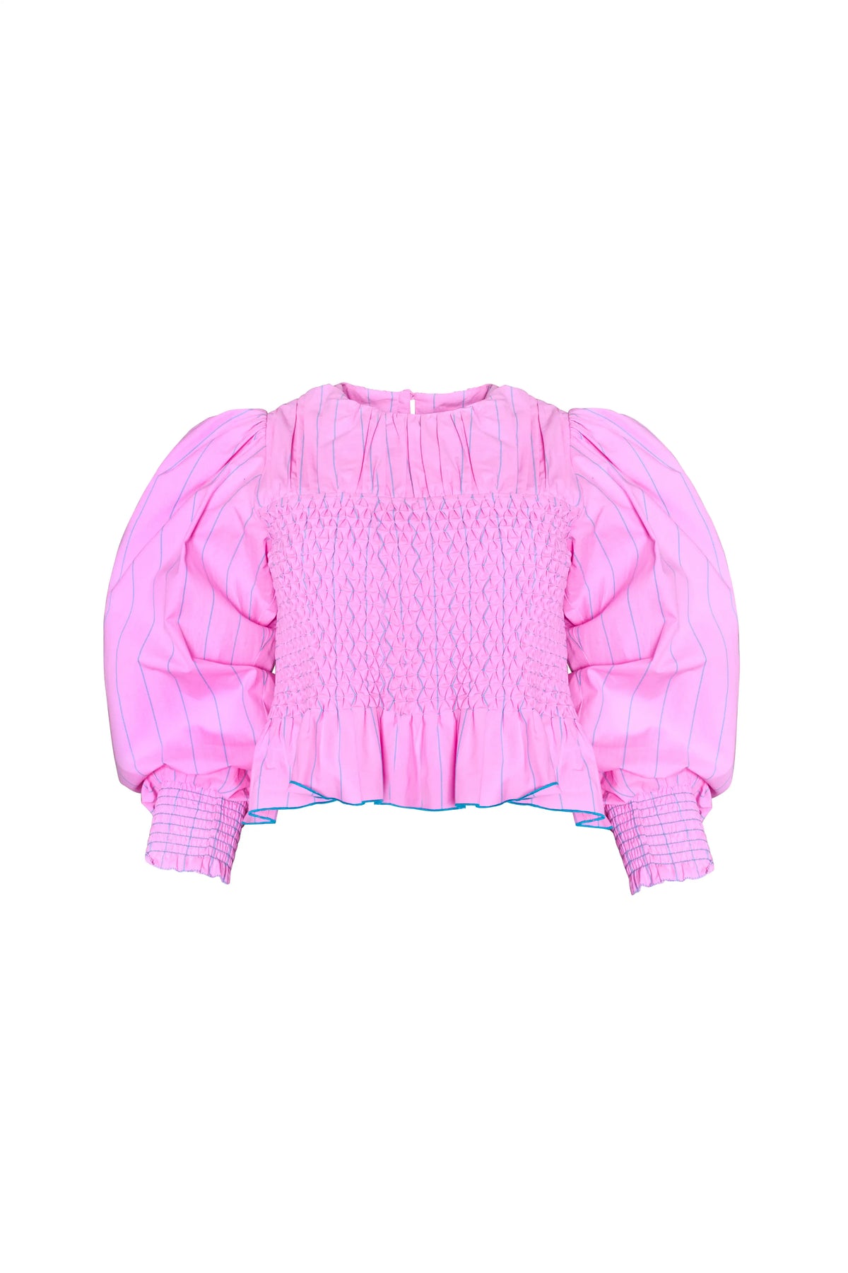 The Eubanks Top in Watermelon Stripe has a fitted bodice, puff sleeves, and smocked cuffs