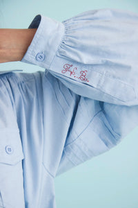 Close up of the Evangeline Shirt in Oxford Blue. 