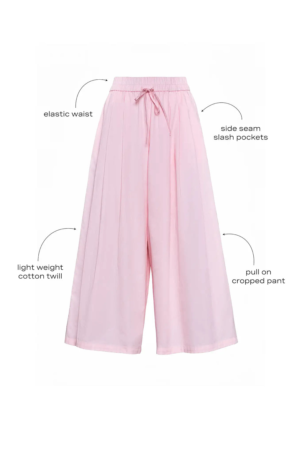 The Whisper Pant in Pink Sand with call outs.