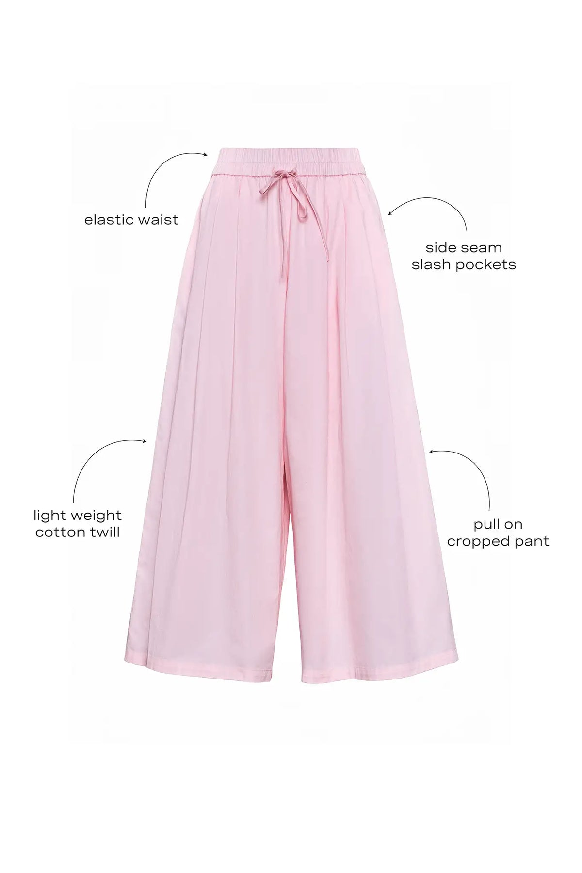 The Whisper Pant in Pink Sand with call outs.