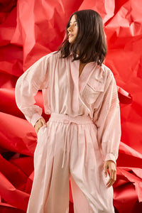 The Evangeline Shirt in Pink Sand paired with the matching Whisper Pant.