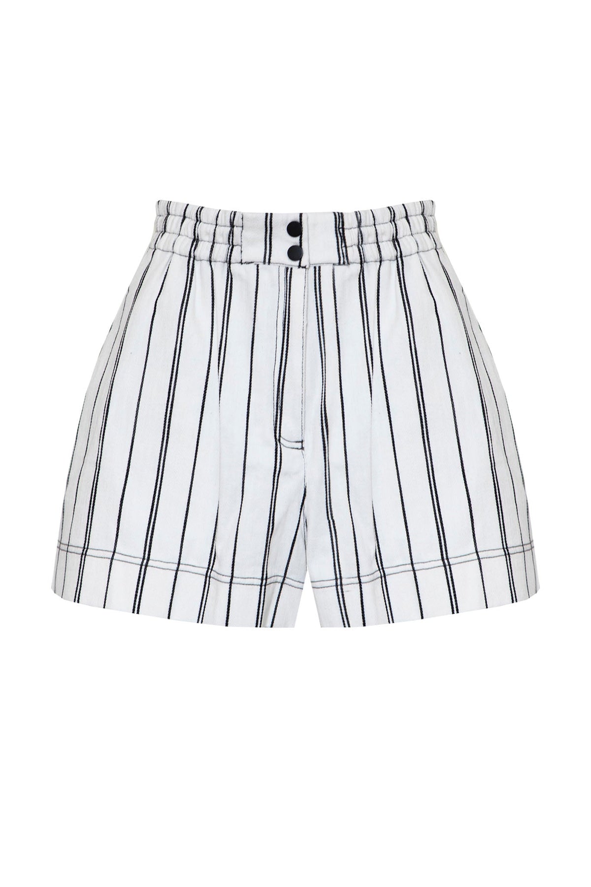 The Aspen Shorts have side pockets, an elastic waist with a snap closure and hidden zip fly.