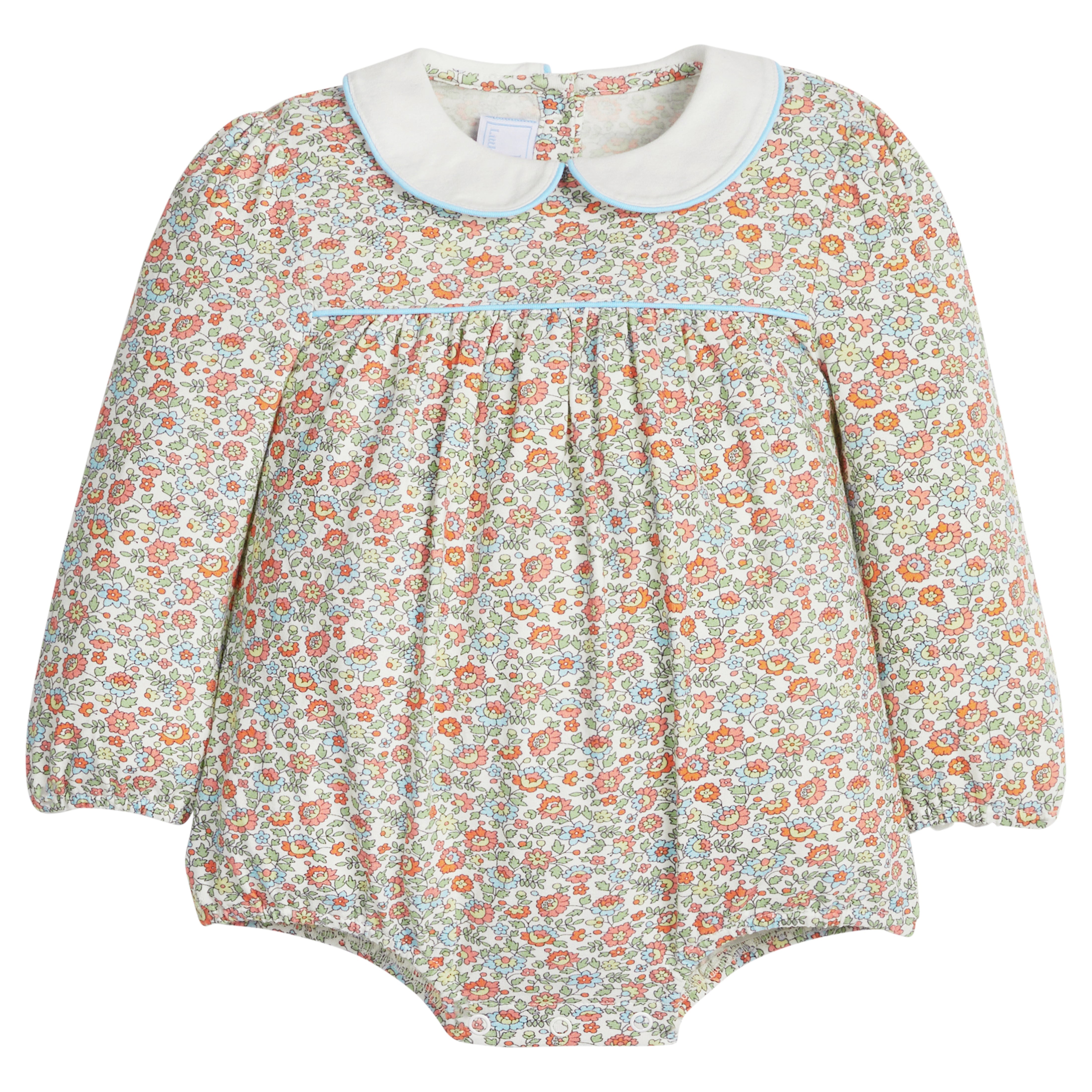 little english classic children's clothing girls orange, green, and light blue floral bubble with peter pan collar and light blue trim for fall 