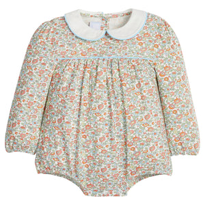little english classic children's clothing girls orange, green, and light blue floral bubble with peter pan collar and light blue trim for fall 