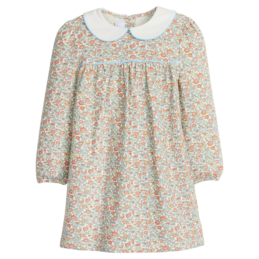 little english classic children's clothing girls orange, green, and light blue floral long sleeve dress with light blue piping and peter pan collar for fall 