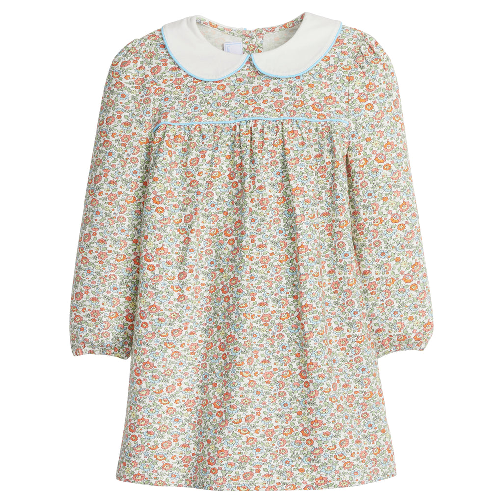 little english classic children's clothing girls orange, green, and light blue floral long sleeve dress with light blue piping and peter pan collar for fall 