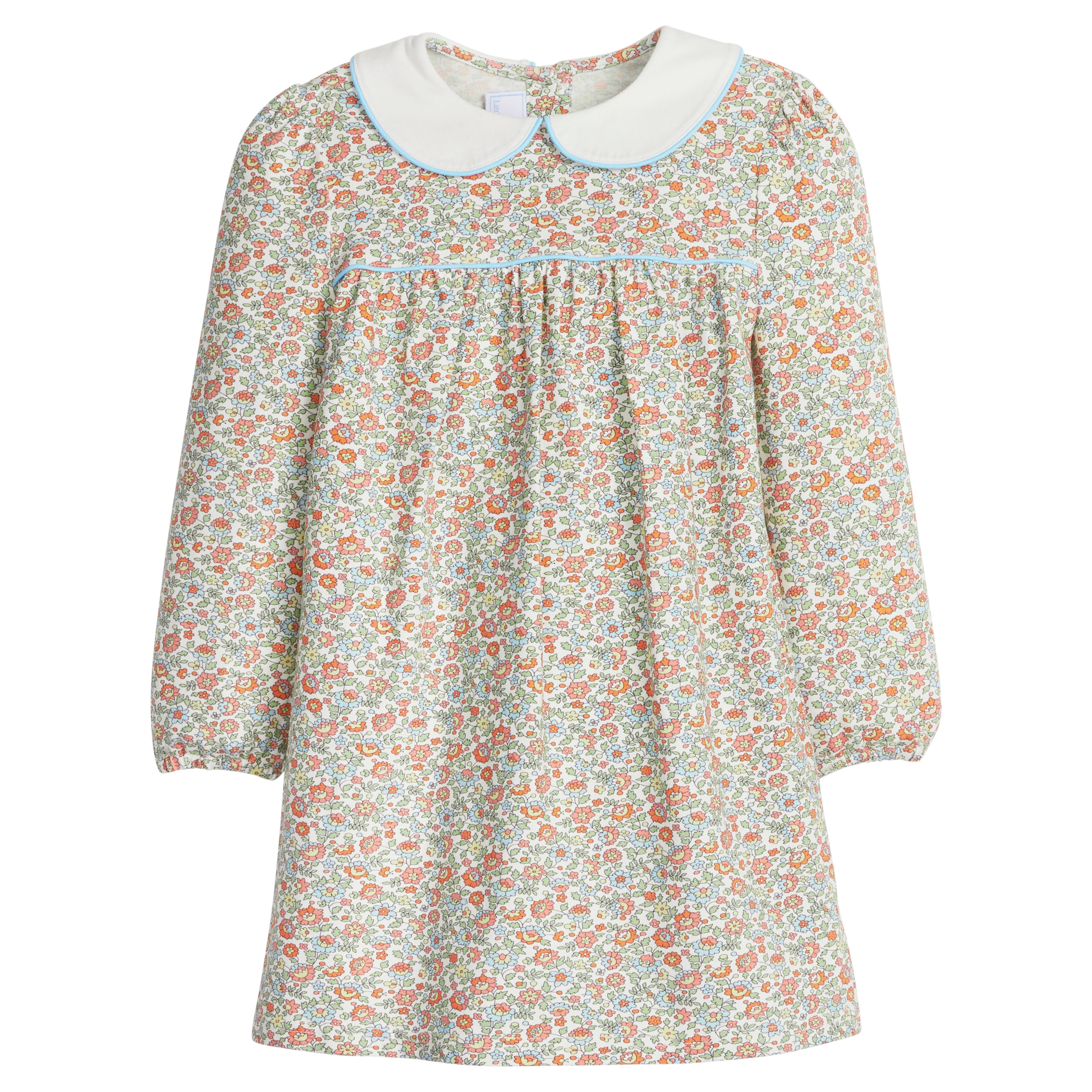 little english classic children's clothing girls orange, green, and light blue floral long sleeve dress with light blue piping and peter pan collar for fall 