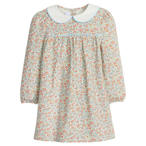 little english classic children's clothing girls orange, green, and light blue floral long sleeve dress with light blue piping and peter pan collar for fall 