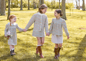 little english classic children's clothing, girls coordinating fall outfits in orange, blue and green james floral print 