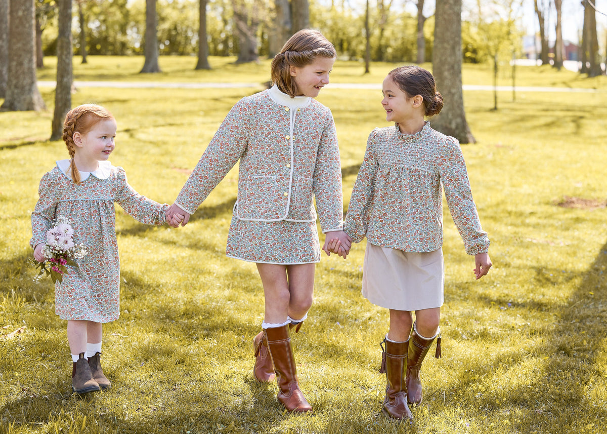 little english classic children's clothing, girls coordinating fall outfits in orange, blue and green james floral print 