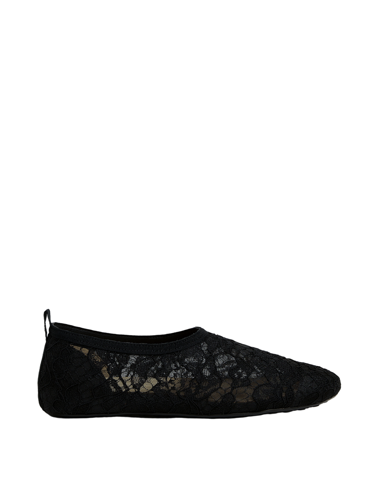 Side view of Evening Lights in Nightfall showcasing black lace mesh upper and pull tab on a white background