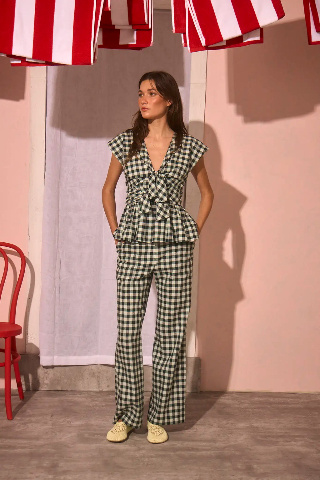 The Everly Top with matching Juno Pants in Hamilton Check paired with pale yellow shoes.