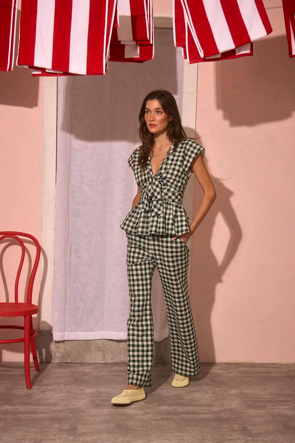 The Everly Top with matching Juno Pants in Hamilton Check paired with pale yellow shoes.