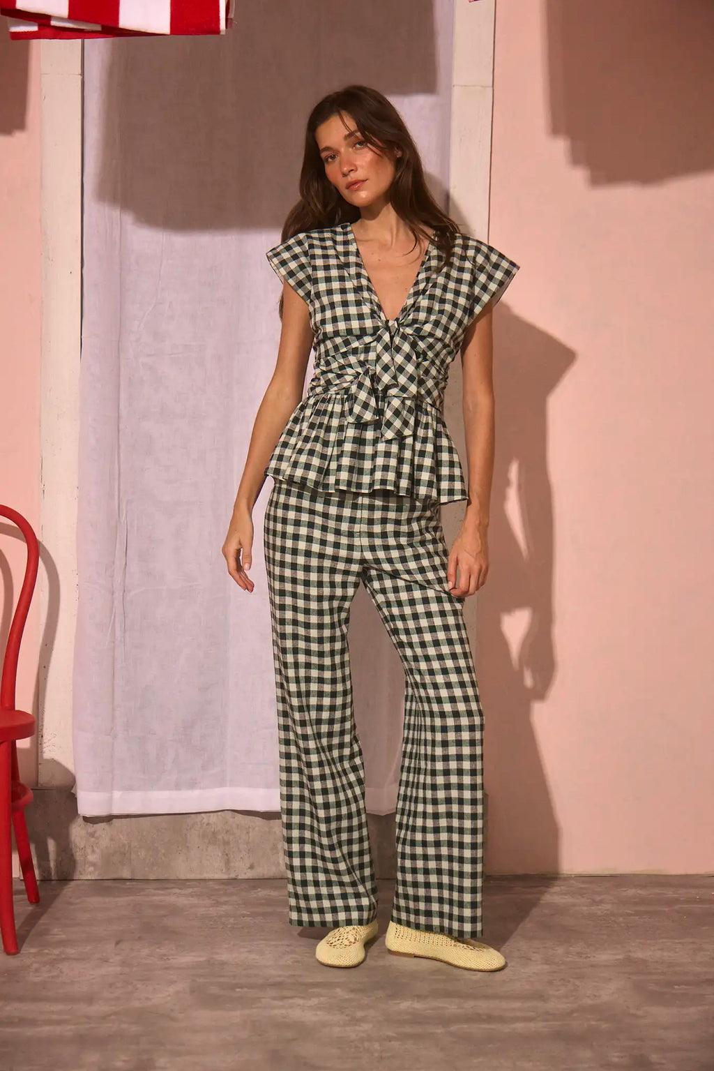 The Everly Top with matching Juno Pants in Hamilton Check paired with pale yellow shoes.