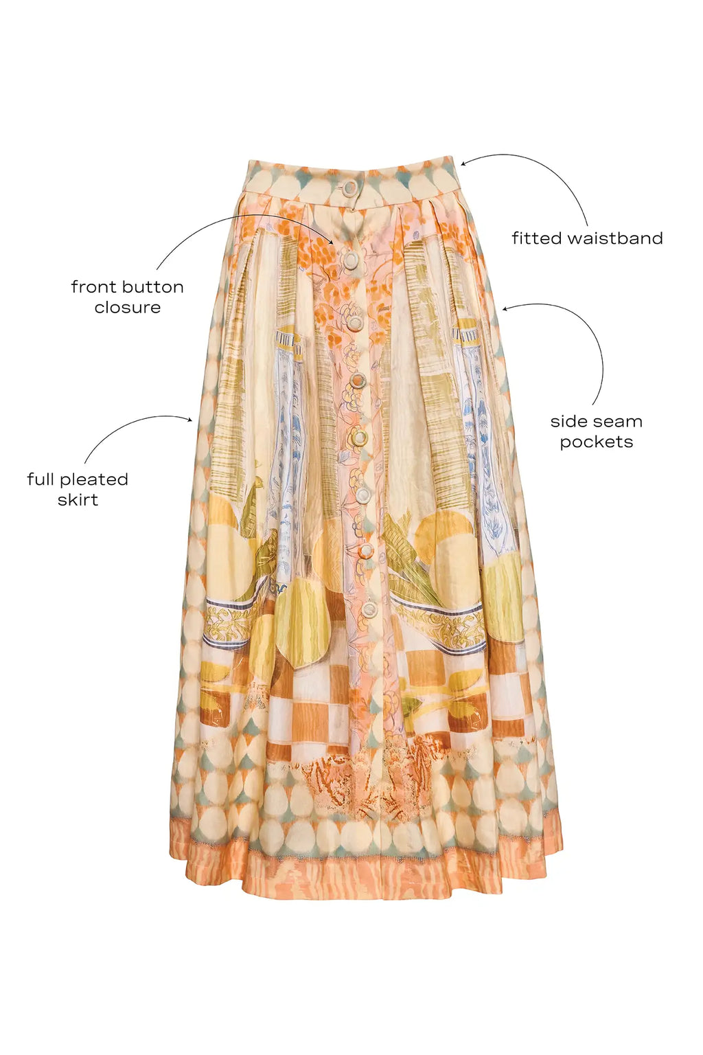 The Eva Skirt in Still Life Symphony with call outs.